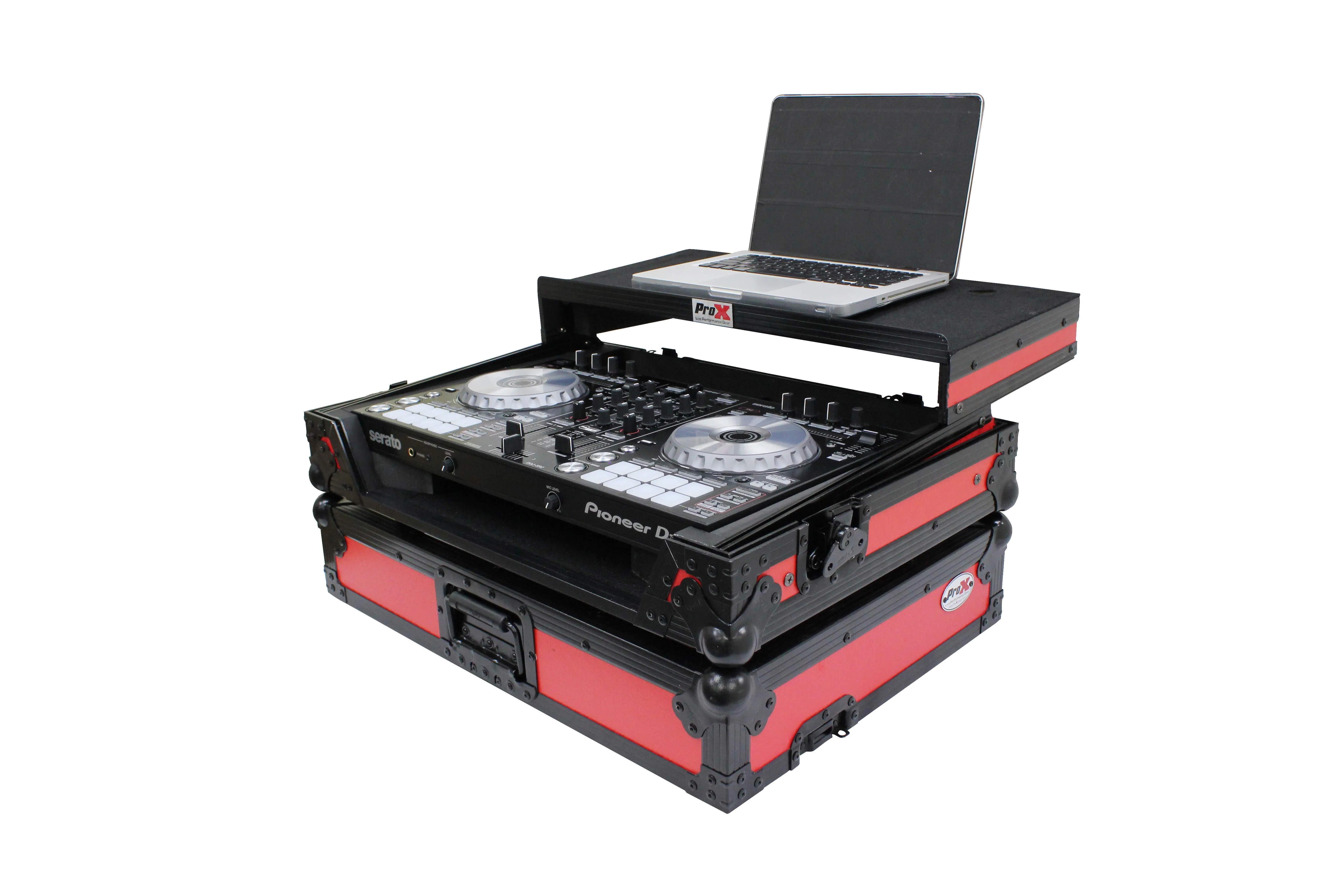 XS-DDJSR2LTRB LED ATA Flight Case For Pioneer DDJ-SR2 DJ Controller with Laptop Shelf and LED  - Black Red