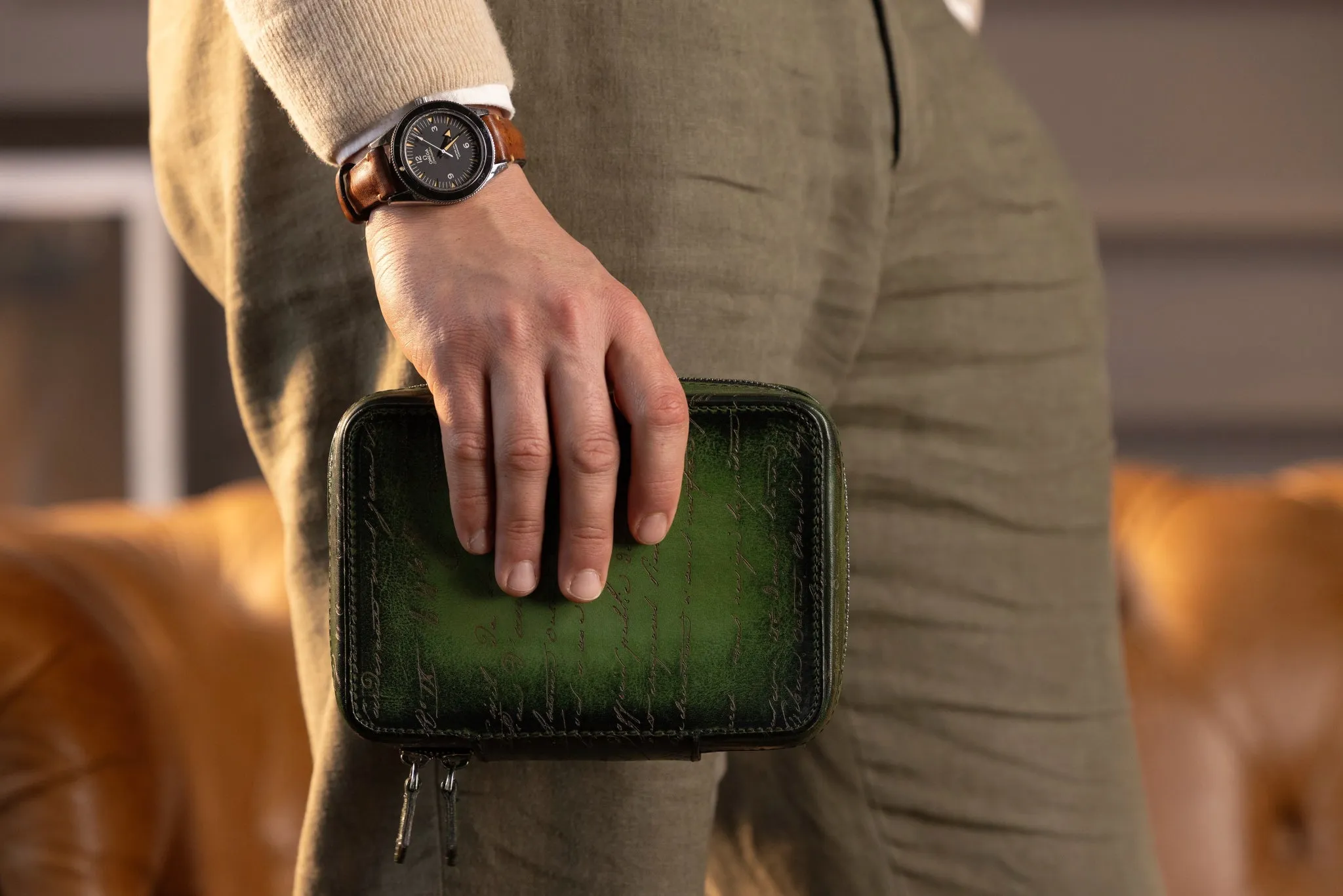 Zipper Watch Case - Parchment Patina Green