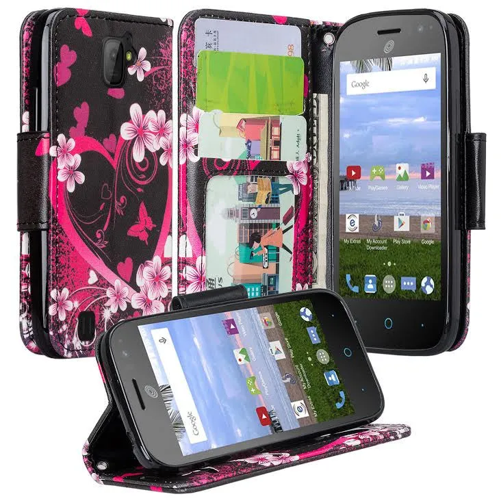 ZTE Citrine LTE Case, Wrist Strap Flip Folio [Kickstand] Pu Leather Wallet Case with ID & Credit Card Slots & Money Pocket - Heart Butterflies