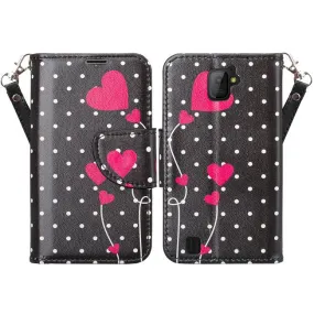 ZTE Citrine LTE Case, Wrist Strap Flip Folio [Kickstand] Pu Leather Wallet Case with ID & Credit Card Slots & Money Pocket - Polka Dot Hearts