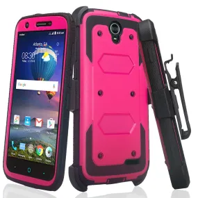 ZTE Grand X3 Case, ZMAX Champ, ZMAX Grand, Warp 7, Avid 916, Rugged Full-Body Armor[Built-in Screen Protector] Heavy Duty Holster Shell Combo Case - Hot Pink