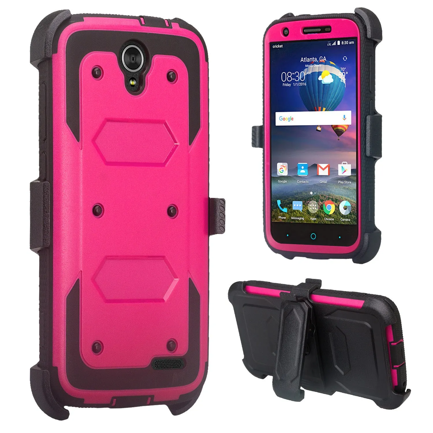 ZTE Grand X3 Case, ZMAX Champ, ZMAX Grand, Warp 7, Avid 916, Rugged Full-Body Armor[Built-in Screen Protector] Heavy Duty Holster Shell Combo Case - Hot Pink