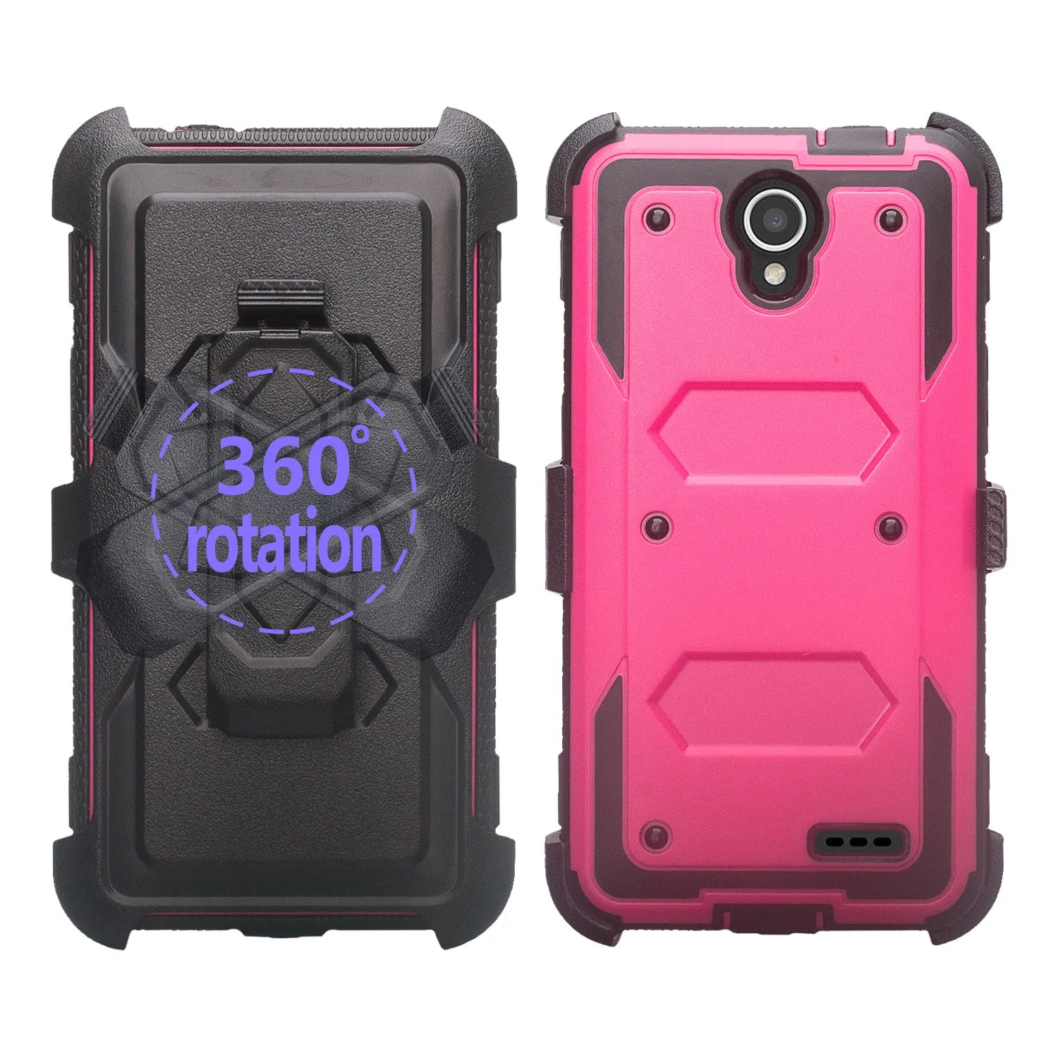 ZTE Prestige 2, Overture 3, Maven 3, Prelude Plus, ZTE 9136, Midnight Pro, Rugged Full-Body, Built-in Screen Protector, Heavy Duty Holster Combo Case Cover - Hot Pink