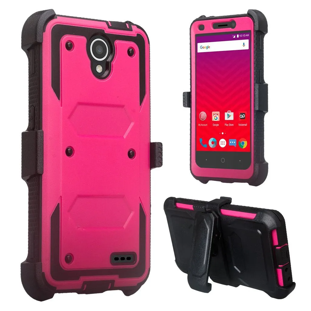 ZTE Prestige 2, Overture 3, Maven 3, Prelude Plus, ZTE 9136, Midnight Pro, Rugged Full-Body, Built-in Screen Protector, Heavy Duty Holster Combo Case Cover - Hot Pink