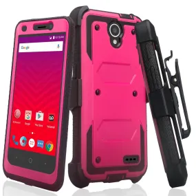 ZTE Prestige 2, Overture 3, Maven 3, Prelude Plus, ZTE 9136, Midnight Pro, Rugged Full-Body, Built-in Screen Protector, Heavy Duty Holster Combo Case Cover - Hot Pink