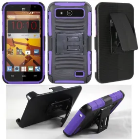 ZTE Speed | Maven | Atrium | Scend | Overture 3 | Fanfare Case, 3-in-1 Rugged Hybrid Holster Shell Combo[Kickstand] Case - Purple